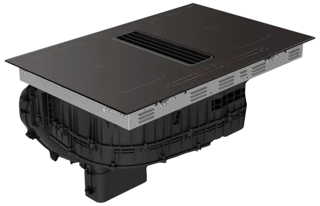 Svart induktionshäll i glas med fyra kokzoner, integrerat centralt ventilationsgaller, touchkontroller och robust underenhet för inbyggnad i moderna kök.