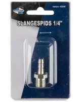 Metalslangespids, 1/4 tomme, med gevind til fast montering. Leveres i klar plastemballage på mærket papkort. Velegnet til luft- eller væskeslangeforbindelser.