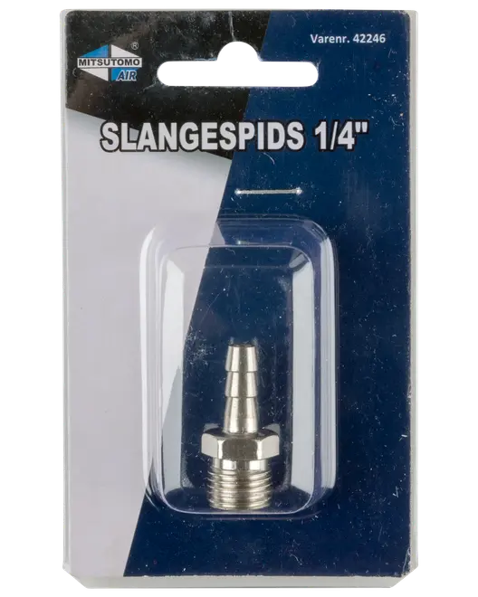 Metalslangespids, 1/4 tomme, med gevind til fast montering. Leveres i klar plastemballage på mærket papkort. Velegnet til luft- eller væskeslangeforbindelser.
