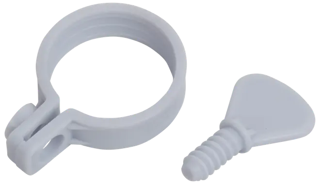 Hvid plastikklemme med tilhørende skrue, beregnet til fastgørelse af rør eller slanger. Skruen har et tekstureret greb for nem manuel tilspænding.