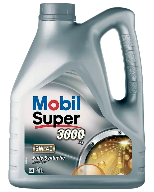 4-liters beholder med Mobil Super 3000 X1 5W-40 fuldsyntetisk motorolie, ergonomisk håndtag og mærkat for højtydende motormotorbeskyttelse.