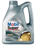 4-liters beholder med Mobil Super 3000 X1 5W-40 fuldsyntetisk motorolie, ergonomisk håndtag og mærkat for højtydende motormotorbeskyttelse.