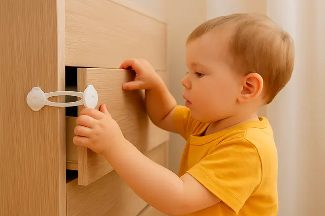 Vit plast barnsäkerhetslås monterat på trälådor, förhindrar barn från att öppna dem. Enkel att installera, perfekt för barnsäkra skåp och möbler hemma.