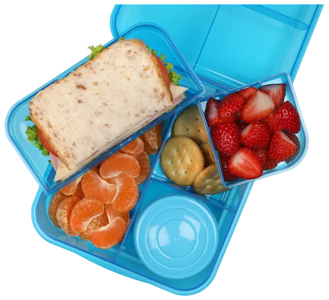 Blå madkasse med rum, indeholder sandwich, mandarinstykker, runde kiks og skivede jordbær. Robust plastdesign, perfekt til organiserede og friske måltider på farten.