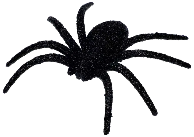 Svart glittrig spindeldekoration med åtta ben, realistisk form, lätt material. Perfekt för Halloweenfester eller skrämmande teman. Cirka 15 cm bred.