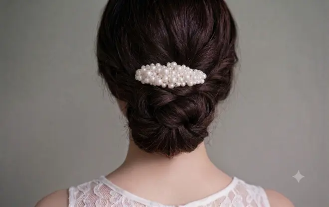 Elegant hårspænde med hvide perler, fastgjort til en flettet opstilling. Perfekt til formelle lejligheder, giver et sofistikeret look. Båret med blondekjole.