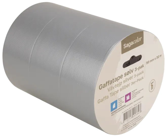 Pakke med tre sølvfarvede gaffatape, hver rulle er 50 mm bred og 32 meter lang. Holdbar, vævet struktur. Mærke: Sagacolor.