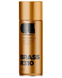 400 ml spraydåse med Cosmoslac premium akrylmaling i messingfarve, mærket BRASS R310. Giver en metallisk gylden finish, velegnet til forskellige overflader og dekoration.