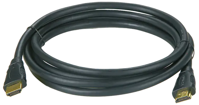 Sort HDMI-kabel med guldbelagte stik, oprullet til opbevaring eller visning.