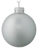 Matt silver julgranskula med slät yta, rund form och metallhatt med upphängningsögla. Perfekt för dekoration eller pyssel. Enkel och elegant design.