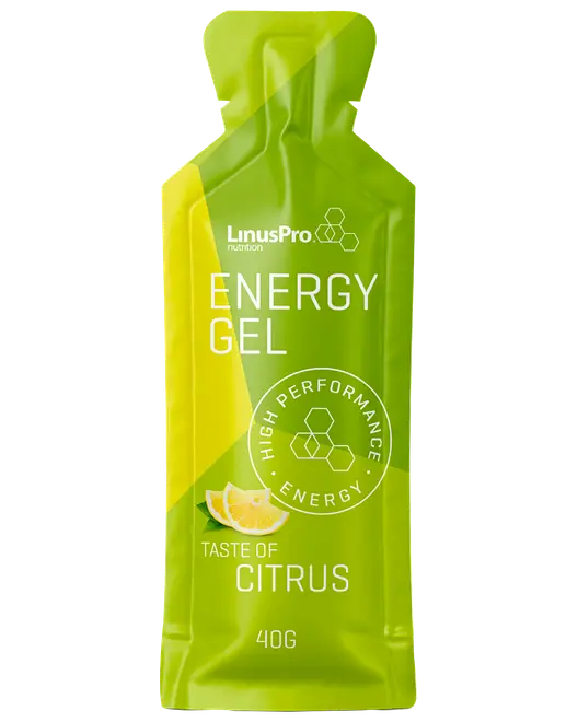 Limegrøn LinusPro energigel-sachet med citrussmag, high performance energimærke og 40 g emballage.