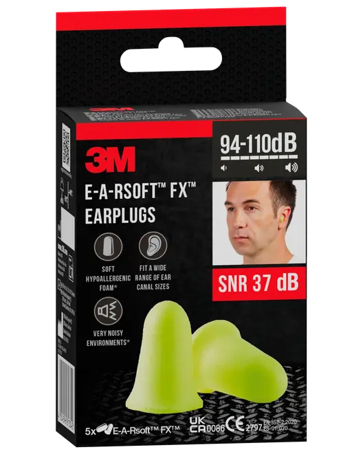 Æske med 3M E-A-Rsoft FX ørepropper, blød gul skum, passer til forskellige øregangsstørrelser, SNR 37 dB, egnet til meget støjende miljøer, indeholder 5 par.