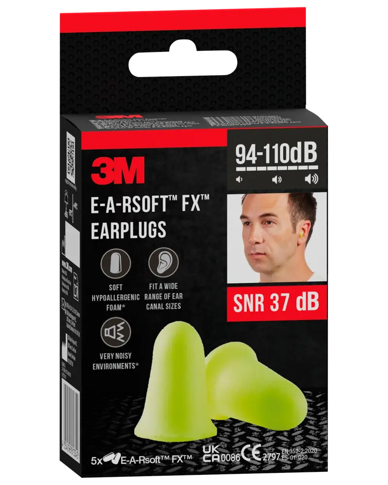 Æske med 3M E-A-Rsoft FX ørepropper, blød gul skum, passer til forskellige øregangsstørrelser, SNR 37 dB, egnet til meget støjende miljøer, indeholder 5 par.