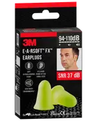 Förpackning med 3M E-A-Rsoft FX öronproppar, mjukt gult skum, passar olika hörselgångsstorlekar, SNR 37 dB, för mycket bullriga miljöer, innehåller 5 par.
