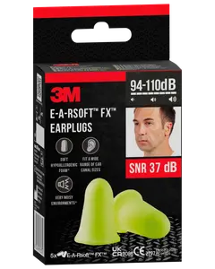 Æske med 3M E-A-Rsoft FX ørepropper, blød gul skum, passer til forskellige øregangsstørrelser, SNR 37 dB, egnet til meget støjende miljøer, indeholder 5 par.