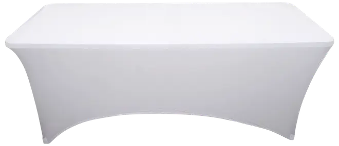 Rektangulær hvid stretch-borddug, der sidder tæt om et standardbord. Giver et glat og elegant udseende. Perfekt til events, fester eller messer. Krølfri og nem at rengøre.