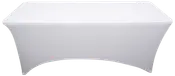 Rektangulær hvid stretch-borddug, der sidder tæt om et standardbord. Giver et glat og elegant udseende. Perfekt til events, fester eller messer. Krølfri og nem at rengøre.