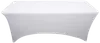 Rektangulær hvid stretch-borddug, der sidder tæt om et standardbord. Giver et glat og elegant udseende. Perfekt til events, fester eller messer. Krølfri og nem at rengøre.