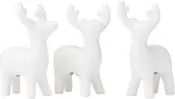 Sæt med tre hvide keramiske rensdyrfigurer med glat finish og stiliserede gevirer, perfekte til juledekoration eller bordudstilling. Hvert rensdyr står oprejst med fire ben.