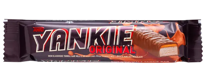 Toms Yankie Original chokoladebar i mørk emballage med stort YANKIE-logo og billede af fyld med karamel og nougat.