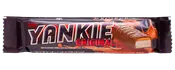 Toms Yankie Original chokoladebar i mørk emballage med stort YANKIE-logo og billede af fyld med karamel og nougat.