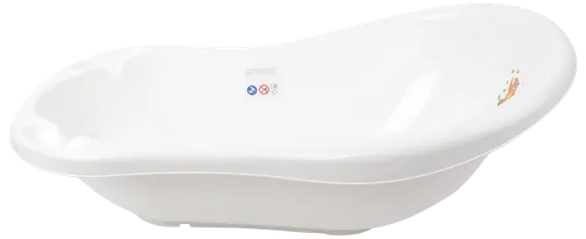 Vit plastbalja för bebis med ergonomisk form, släta kanter och liten dekor. Ger komfort och säkerhet vid bad. Lätt och enkel att rengöra.