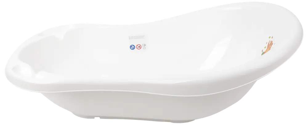 Vit plastbalja för bebis med ergonomisk form, släta kanter och liten dekor. Ger komfort och säkerhet vid bad. Lätt och enkel att rengöra.