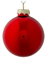 Blank röd julgranskula i glas med guldfärgad topp och hängkrok, klassisk rund form, perfekt för dekoration av julgranen.
