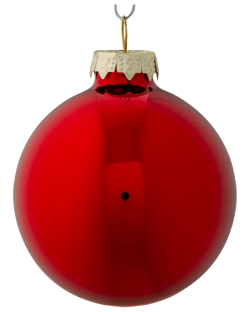 Blank röd julgranskula i glas med guldfärgad topp och hängkrok, klassisk rund form, perfekt för dekoration av julgranen.