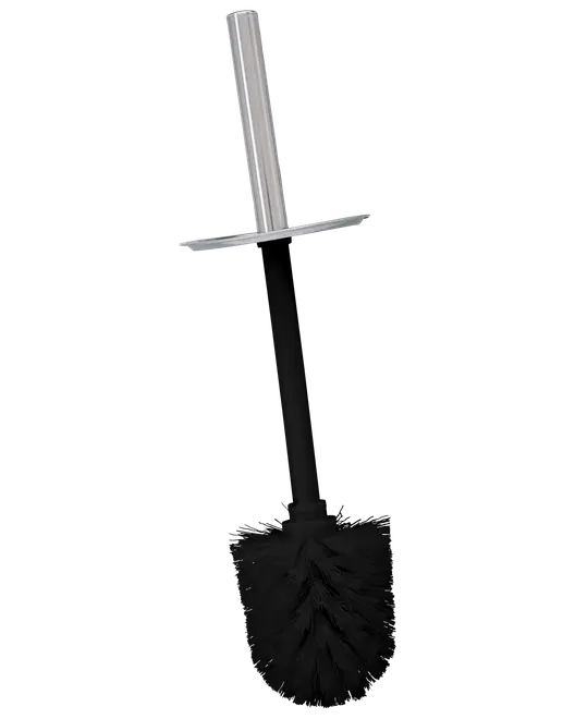 Svart toalettborste med runt borsthuvud, långt svart handtag och silverfärgat metallgrepp. Hållbar design, perfekt för rengöring av toaletten.