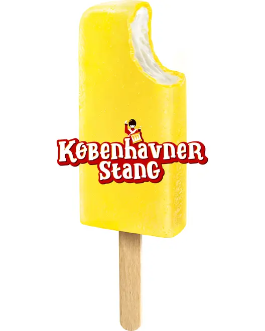 Gul is på pind med cremet hvid midte, rektangulær form, træpind og en bid taget af toppen. Teksten 'Københavner Stang' står foran.