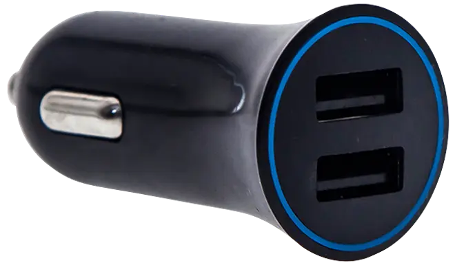 Sort cylindrisk bilopladeradapter med to USB-porte og blå kant.