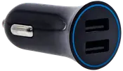 Sort cylindrisk bilopladeradapter med to USB-porte og blå kant.