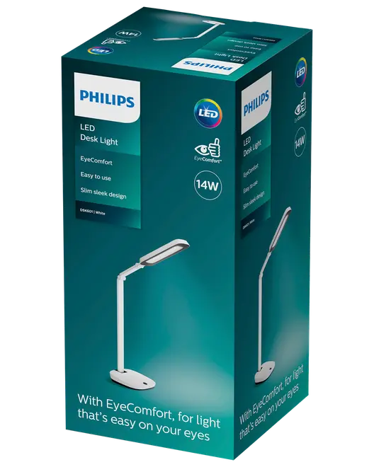 Philips LED skrivebordslampe, 14W, hvid, slankt og elegant design, EyeComfort for behageligt lys, nem at bruge, vist i original emballage.