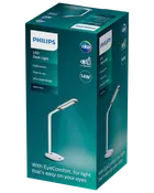 Philips LED skrivebordslampe, 14W, hvid, slankt og elegant design, EyeComfort for behageligt lys, nem at bruge, vist i original emballage.