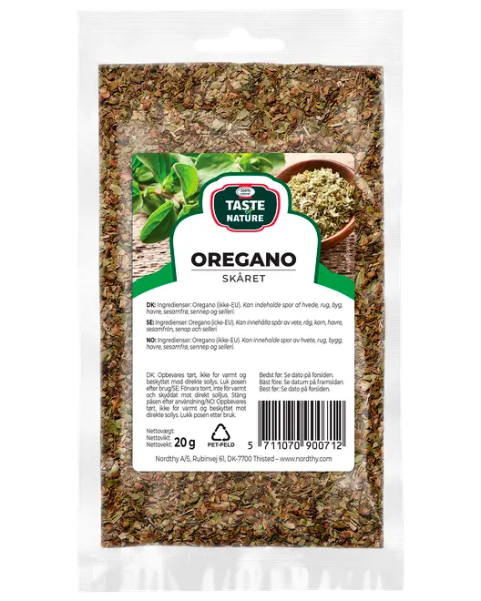 Klar plastpåse med 20g torkad, skuren oregano. Framsidan har etikett med produktnamn, varumärke (Taste Nature), ingredienser och användningsinstruktioner på flera språk.