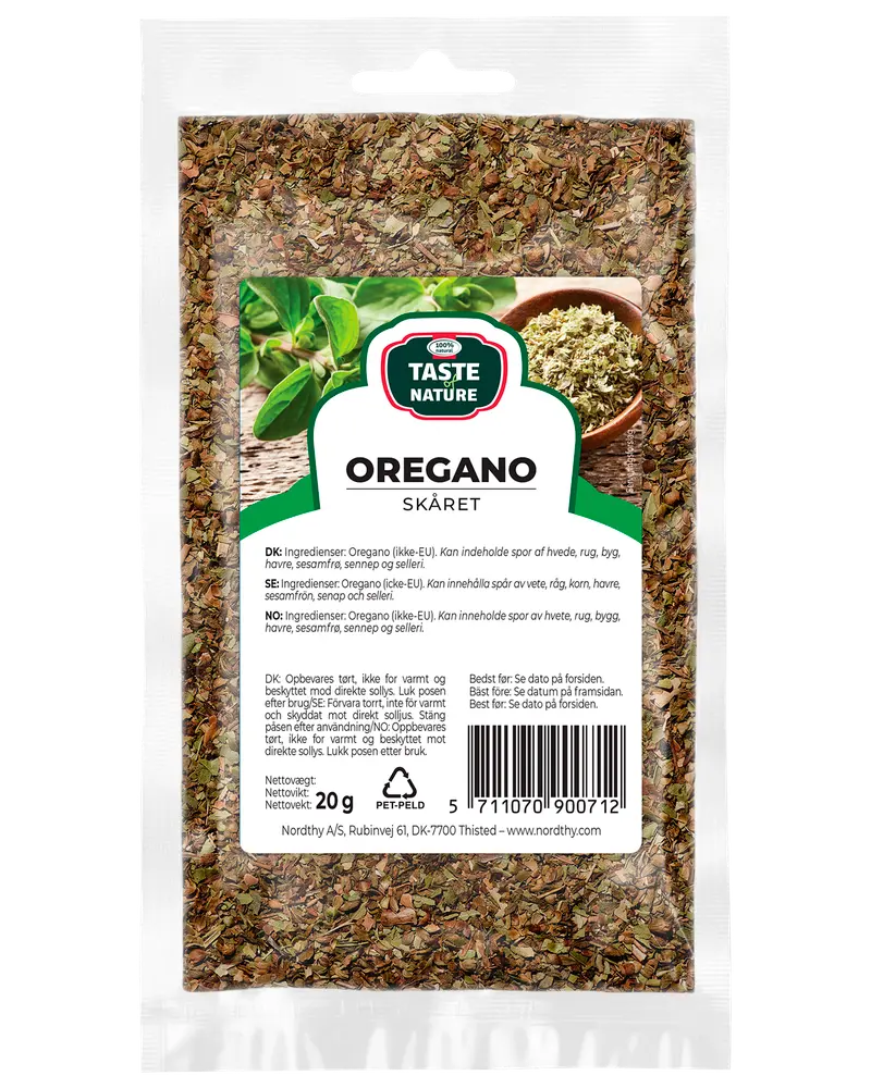 Klar plastpåse med 20g torkad, skuren oregano. Framsidan har etikett med produktnamn, varumärke (Taste Nature), ingredienser och användningsinstruktioner på flera språk.
