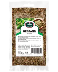 Klar plastpåse med 20g torkad, skuren oregano. Framsidan har etikett med produktnamn, varumärke (Taste Nature), ingredienser och användningsinstruktioner på flera språk.