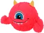 Lys pink plysbamse formet som et rundt monster med ét stort blåt øje, bredt smilende mund med tænder, to gule horn og fluffy arme på hver side.
