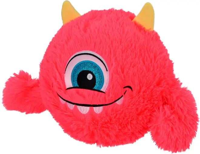 Lys pink plysbamse formet som et rundt monster med ét stort blåt øje, bredt smilende mund med tænder, to gule horn og fluffy arme på hver side.