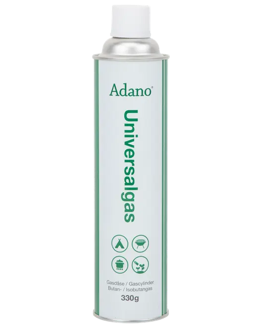 Adano Universalgas dåse, 330g, egnet til campingkomfurer, grill og varmeapparater. Indeholder butan/isobutan. Høj, cylindrisk metaldåse med hvidt og grønt mærkat.