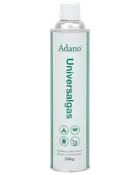 Adano Universalgas dåse, 330g, egnet til campingkomfurer, grill og varmeapparater. Indeholder butan/isobutan. Høj, cylindrisk metaldåse med hvidt og grønt mærkat.