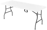 Rektangulært hvidt foldebord med solide sorte metalben. Let og bærbart design, velegnet til indendørs og udendørs brug. Perfekt til fester, arrangementer eller ekstra arbejdsplads.