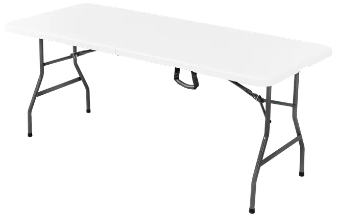 Rektangulært hvidt foldebord med solide sorte metalben. Let og bærbart design, velegnet til indendørs og udendørs brug. Perfekt til fester, arrangementer eller ekstra arbejdsplads.