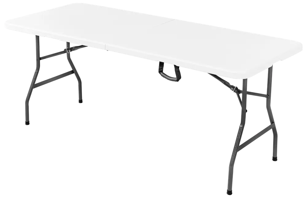 Rektangulært hvidt foldebord med solide sorte metalben. Let og bærbart design, velegnet til indendørs og udendørs brug. Perfekt til fester, arrangementer eller ekstra arbejdsplads.