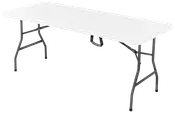 Rektangulärt vitt fällbord med robusta svarta metallben. Lätt och portabel design, passar för inomhus- och utomhusbruk, perfekt för fester, evenemang eller extra arbetsyta.