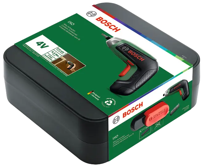 Bosch IXO ledningsfri skruetrækker i robust sort kuffert, 4V, ergonomisk håndtag, inkluderer flere bits, kompakt design, ideel til hjemme- og gør-det-selv-opgaver.