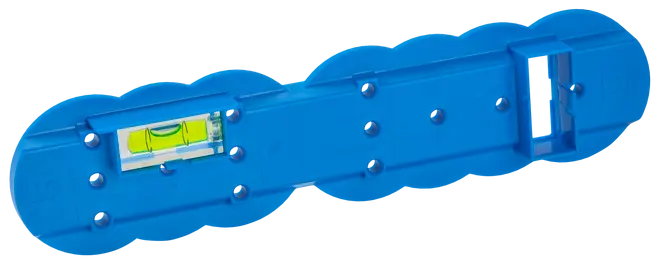 Blåt vaterpas i plast med boblelibelle, bølgede kanter og rektangulær monteringsåbning. Ideel til præcis nivellering ved byggeri eller gør-det-selv-projekter. Let og robust.