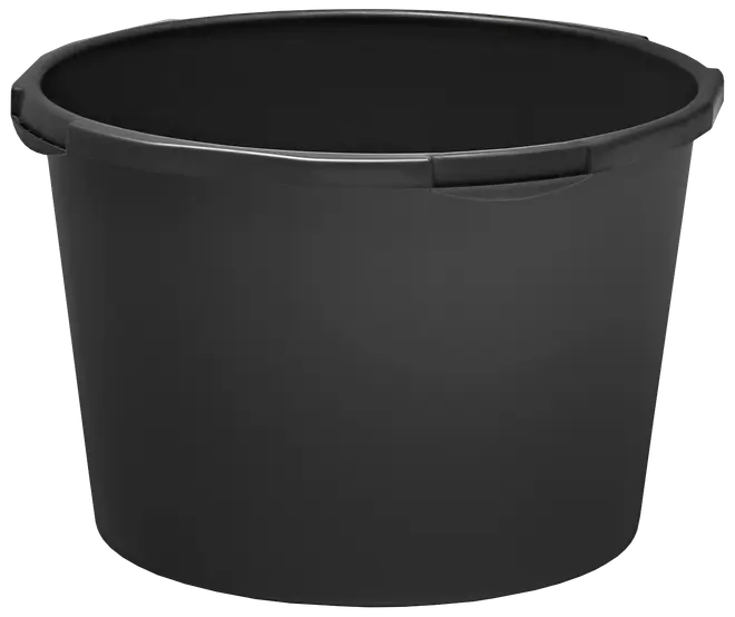 Stor, rund sort plastbalje med forstærket kant og to sidehåndtag. Holdbar, let og velegnet til opbevaring, blanding eller transport af materialer. Glat overflade for nem rengøring.