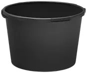 Stor, rund sort plastbalje med forstærket kant og to sidehåndtag. Holdbar, let og velegnet til opbevaring, blanding eller transport af materialer. Glat overflade for nem rengøring.